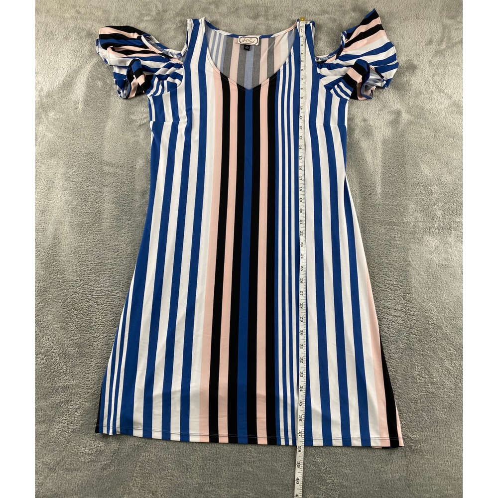 Ivy Road Womens Blue Pink Striped Cold Shoulder V-Neck Flutter Sleeve Dress M - Picture 6 of 12
